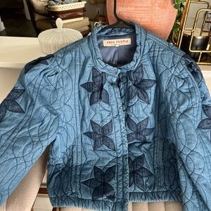 Free People Blue Bomber Jacket Quilted Cropped Style
